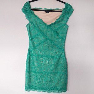 Bebe Vintage Y2K Teal Cap Sleeve Tiered Lace Bodycon Mini Dress